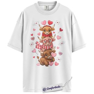 Alternative view of Highland Cow Valentine Shirt, Cute Farm Animal Graphic Tee, Cartoon Cow Lover T-Shirt, Sweet Valentine’s Day Gift for Farm Girls, Comfort Colors Shirt