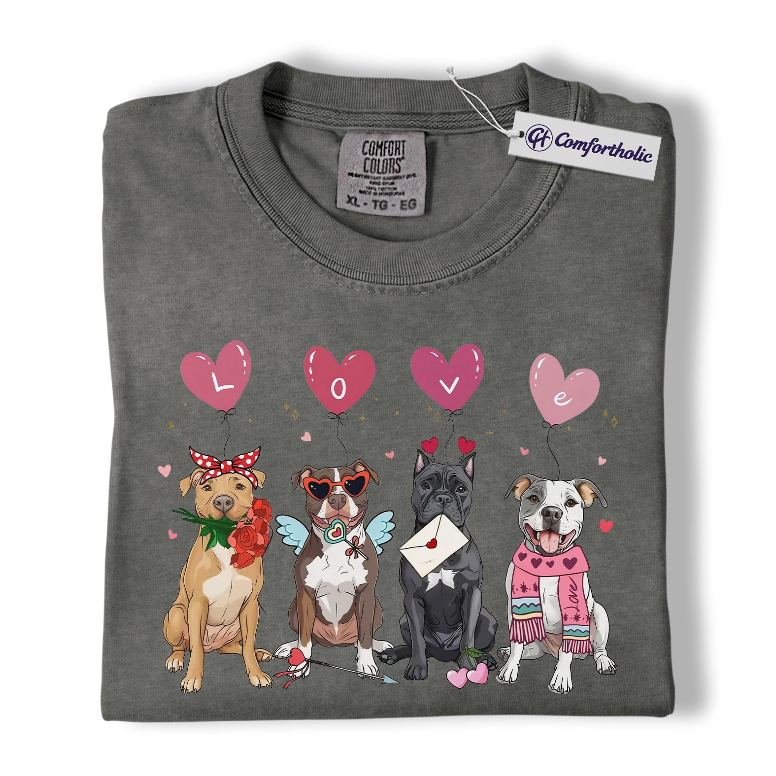 Valentine Pitbull Shirt, Cute Pitbull Dogs Graphic T-Shirt, Heart Balloon Pet Lover Tee, Valentine Gift for Dog Moms, Comfort Colors Shirt - Image 4
