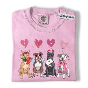 Valentine Pitbull Shirt, Cute Pitbull Dogs Graphic T-Shirt, Heart Balloon Pet Lover Tee, Valentine Gift for Dog Moms, Comfort Colors Shirt