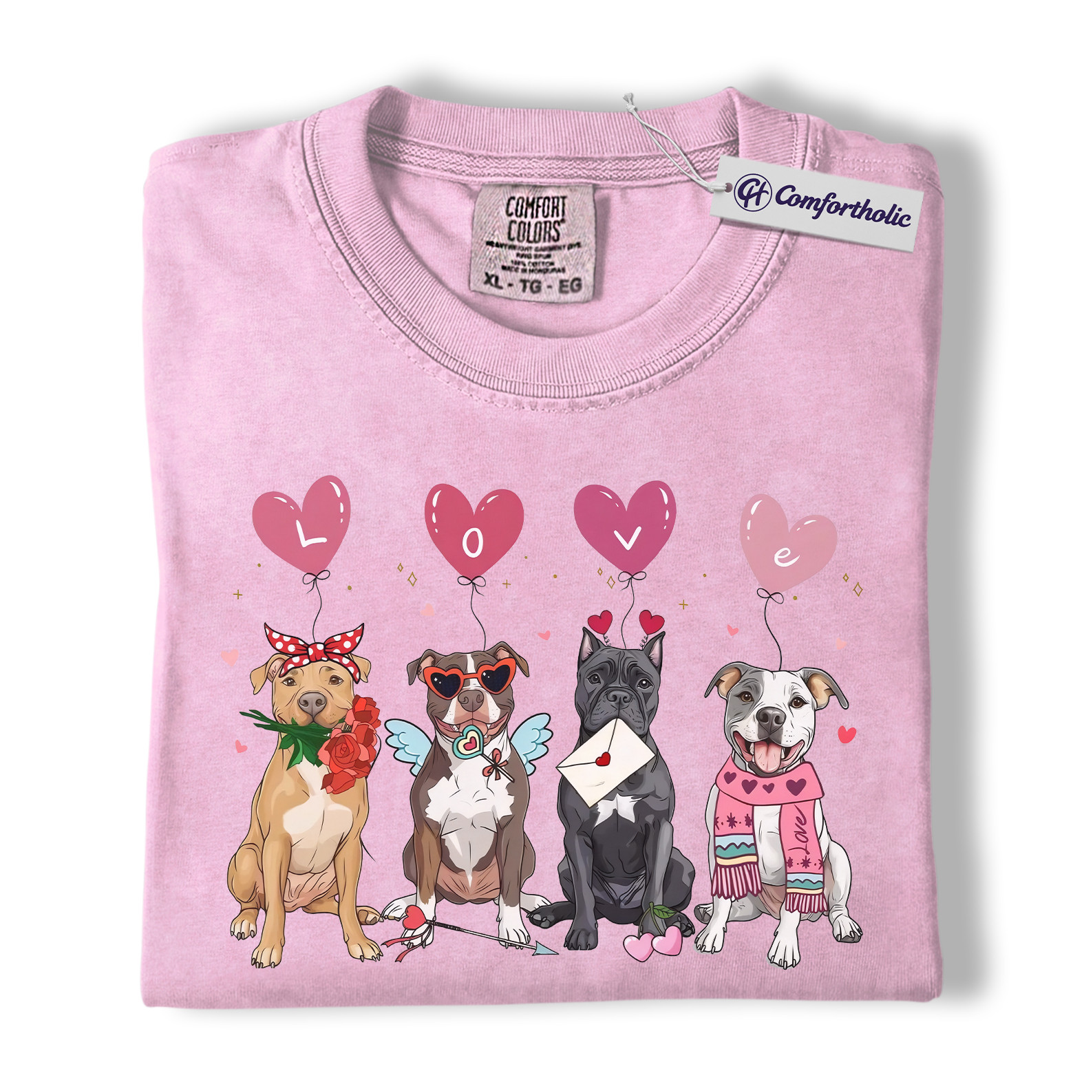 Valentine Pitbull Shirt, Cute Pitbull Dogs Graphic T-Shirt, Heart Balloon Pet Lover Tee, Valentine Gift for Dog Moms, Comfort Colors Shirt