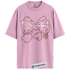 Valentine Nurse Shirt, Stethoscope Heart Bow Graphic Tee, Cute Medical Pink Aesthetic T-Shirt, Healthcare Worker Valentine Gift for Nurses, Comfort Colors Shirt
