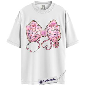 Alternative view of Valentine Nurse Shirt, Stethoscope Heart Bow Graphic Tee, Cute Medical Pink Aesthetic T-Shirt, Healthcare Worker Valentine Gift for Nurses, Comfort Colors Shirt