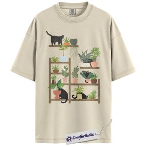 Cat and Plant Lover Shirt, Black Cat Houseplant Graphic Tee, Cute Plant Mom Aesthetic T-Shirt, Gift for Cat and Succulent Lovers, Comfort Colors Shirt