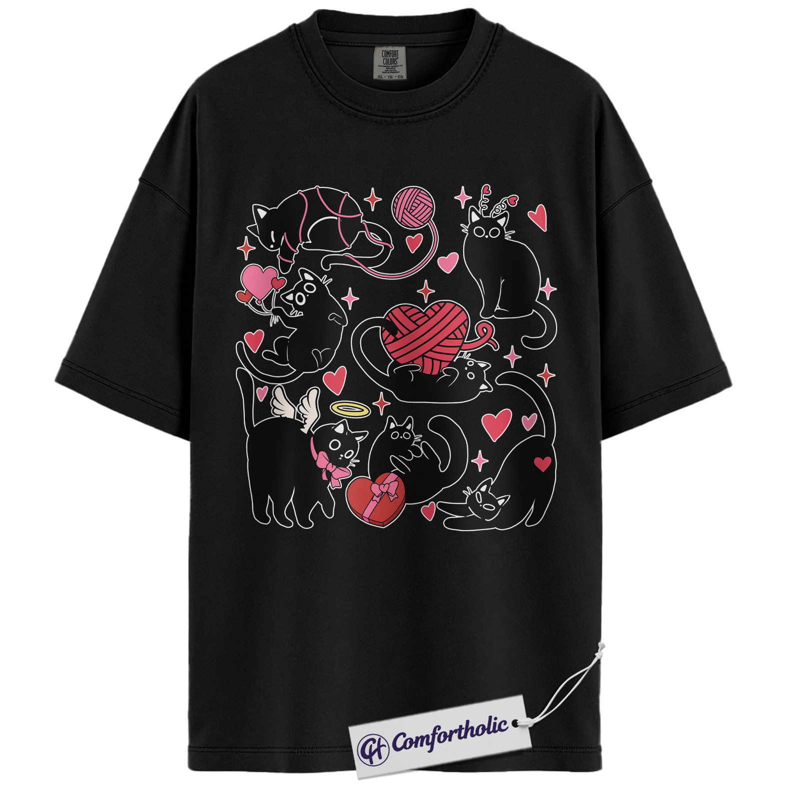 Black Cat Valentine Shirt, Cute Cat Lover Graphic T-Shirt, Kawaii Kitty Heart Design Tee, Valentine Gift for Cat Moms, Comfort Colors Shirt - Image 3
