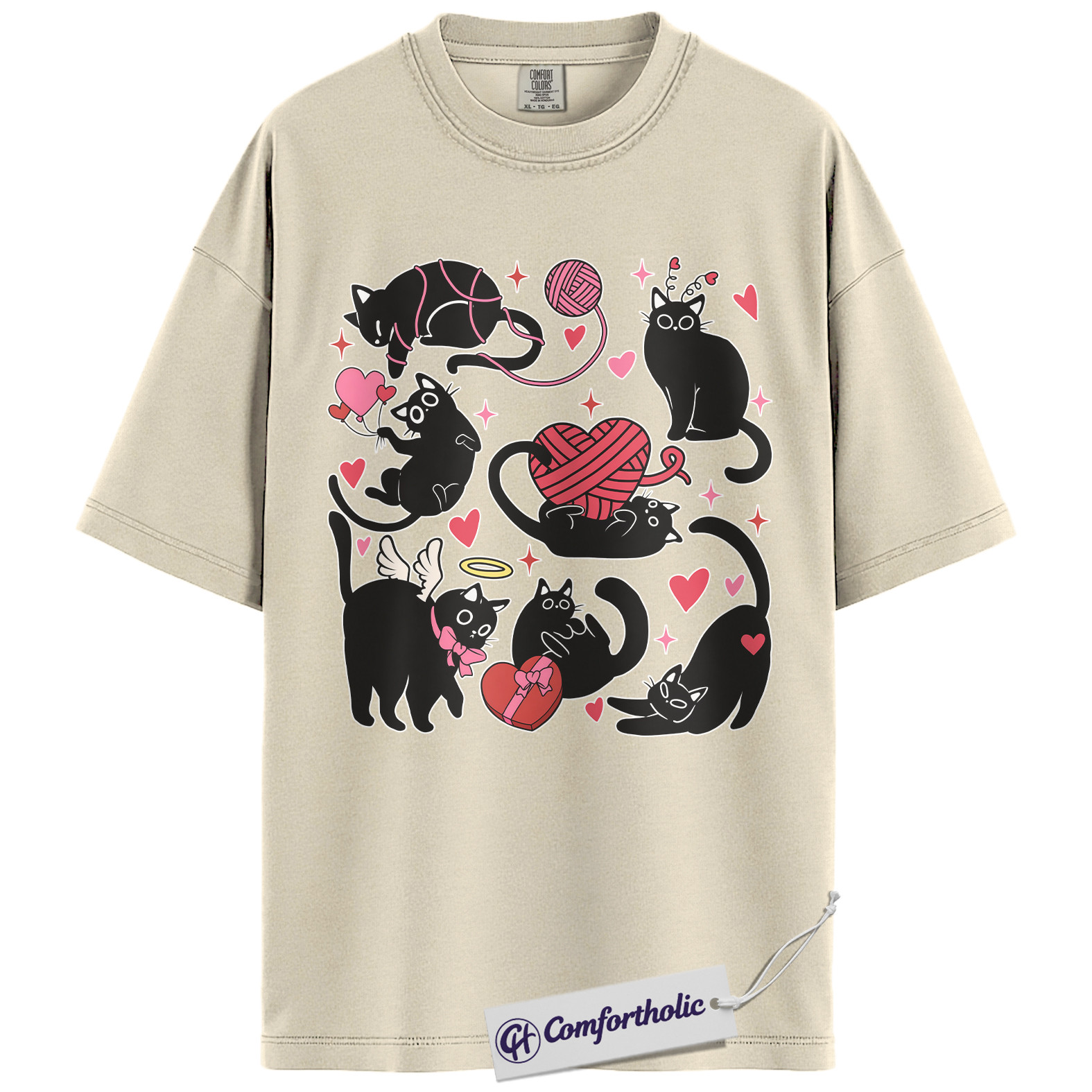 Black Cat Valentine Shirt, Cute Cat Lover Graphic T-Shirt, Kawaii Kitty Heart Design Tee, Valentine Gift for Cat Moms, Comfort Colors Shirt - Image 5