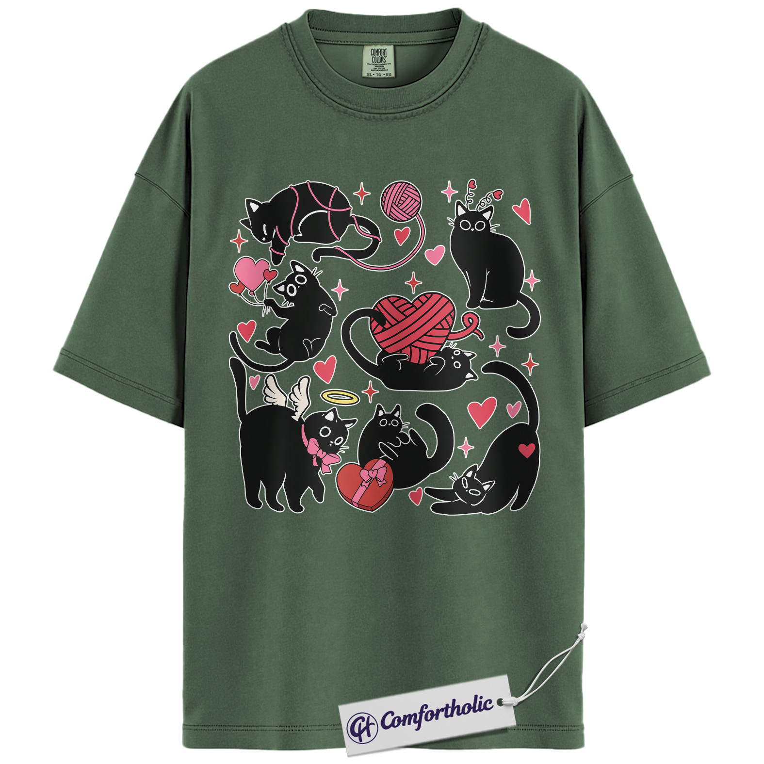 Black Cat Valentine Shirt, Cute Cat Lover Graphic T-Shirt, Kawaii Kitty Heart Design Tee, Valentine Gift for Cat Moms, Comfort Colors Shirt - Image 6