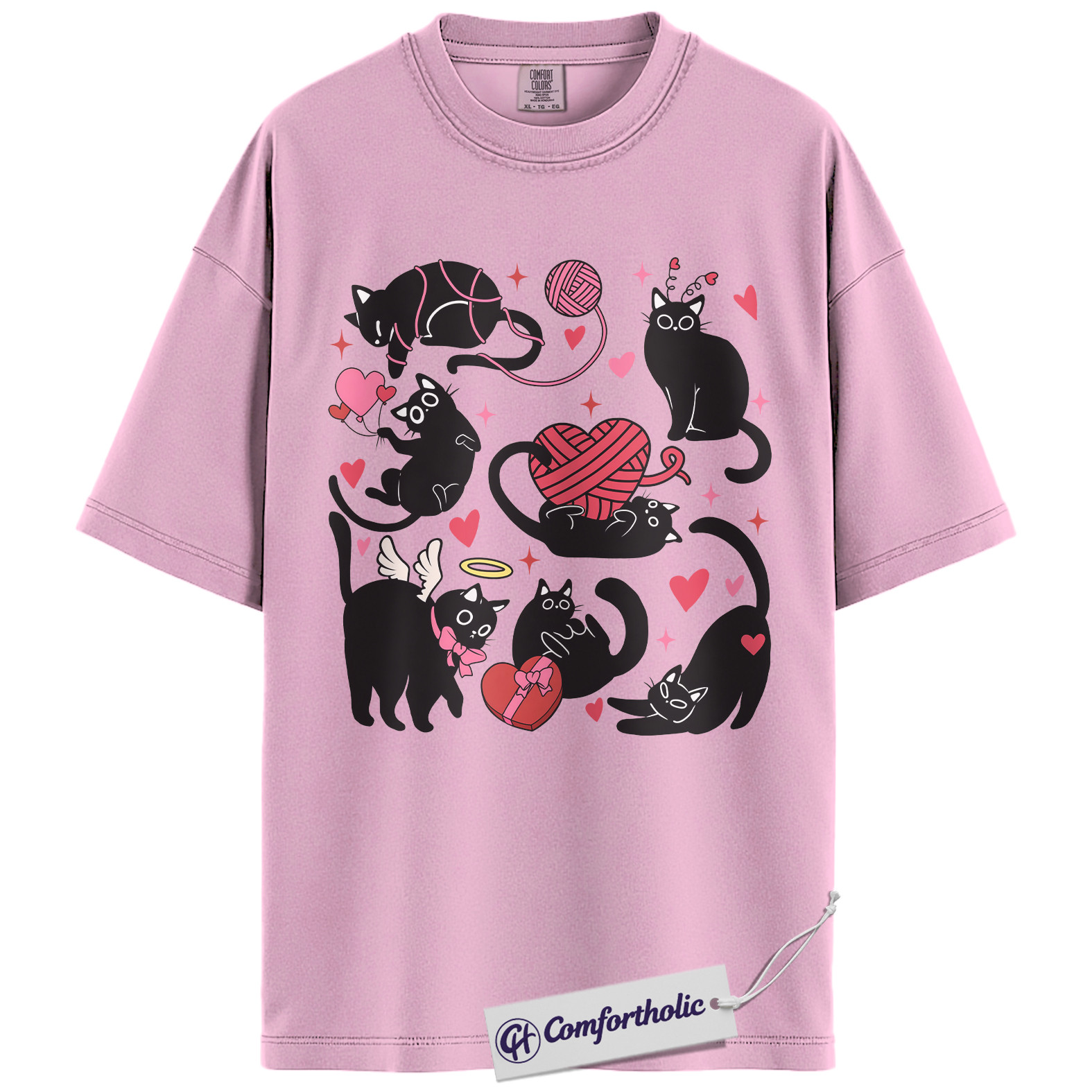 Black Cat Valentine Shirt, Cute Cat Lover Graphic T-Shirt, Kawaii Kitty Heart Design Tee, Valentine Gift for Cat Moms, Comfort Colors Shirt
