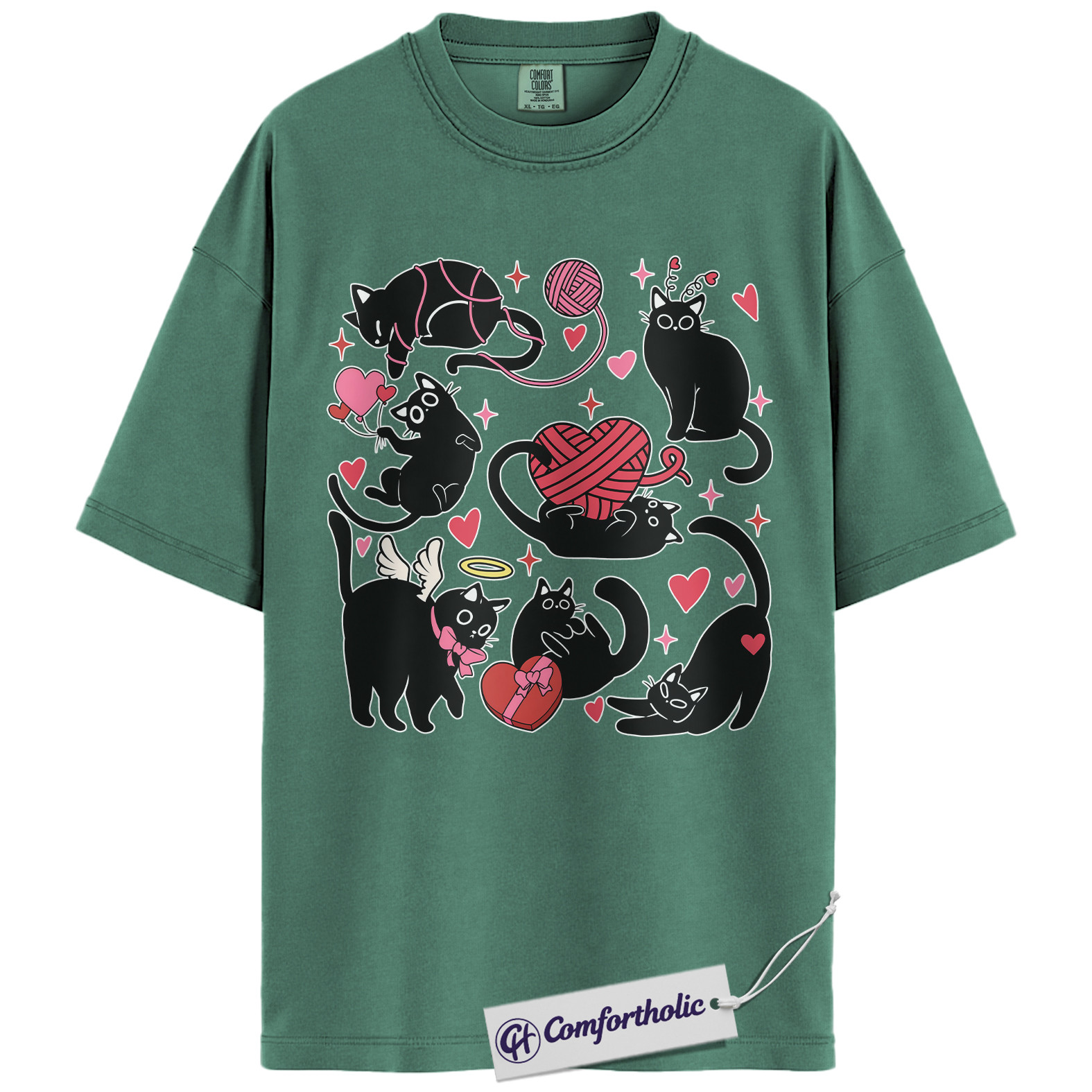Black Cat Valentine Shirt, Cute Cat Lover Graphic T-Shirt, Kawaii Kitty Heart Design Tee, Valentine Gift for Cat Moms, Comfort Colors Shirt - Image 10