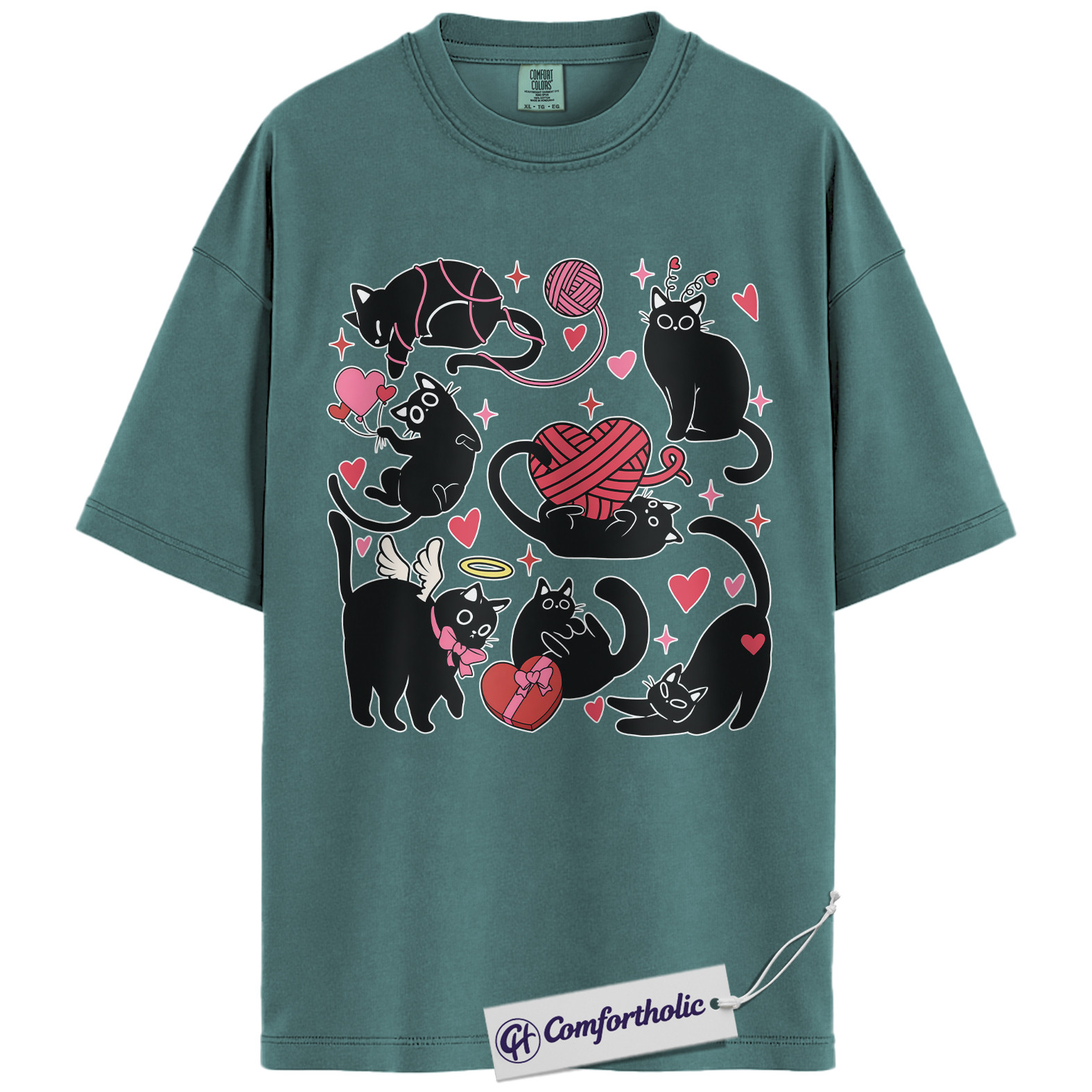 Black Cat Valentine Shirt, Cute Cat Lover Graphic T-Shirt, Kawaii Kitty Heart Design Tee, Valentine Gift for Cat Moms, Comfort Colors Shirt - Image 11
