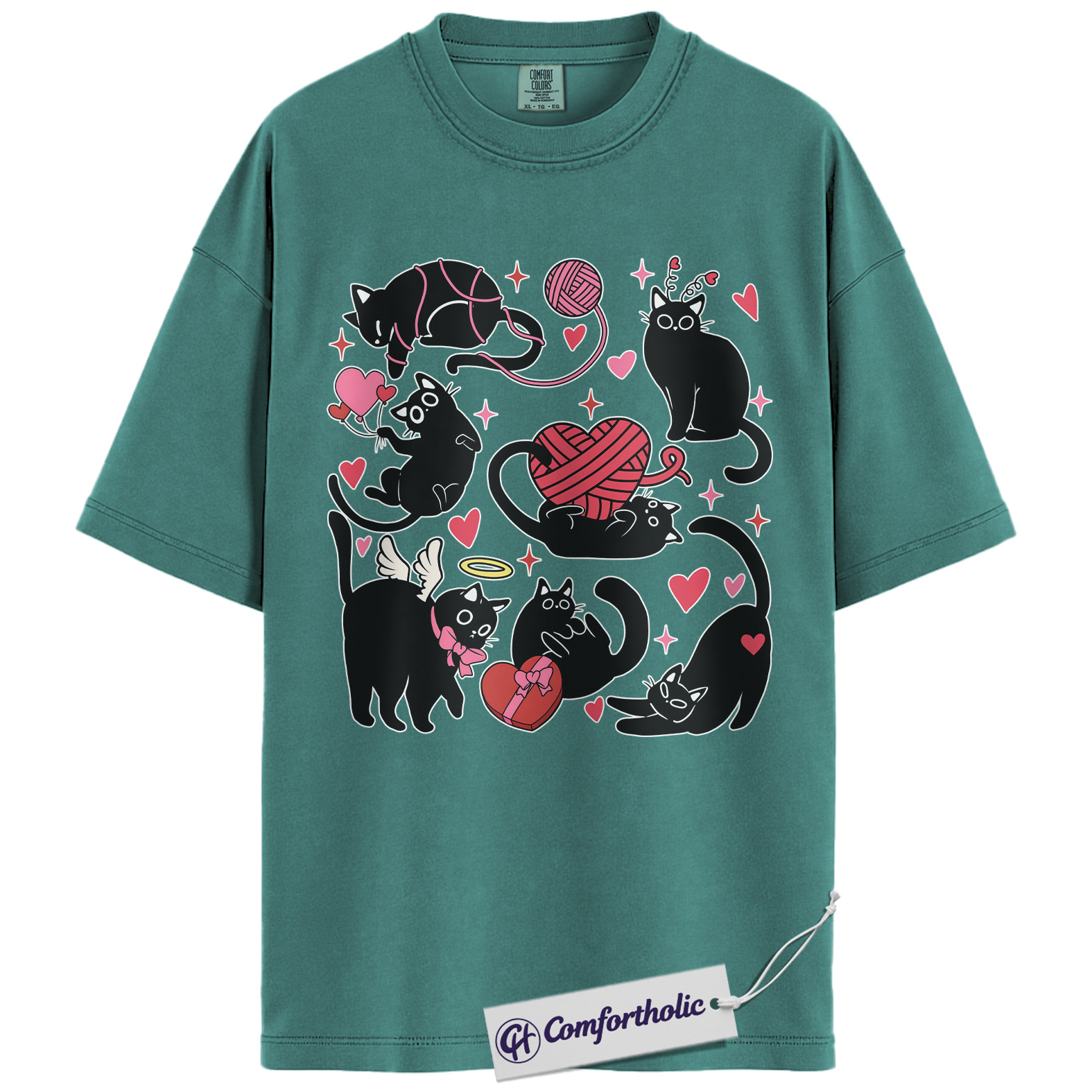 Black Cat Valentine Shirt, Cute Cat Lover Graphic T-Shirt, Kawaii Kitty Heart Design Tee, Valentine Gift for Cat Moms, Comfort Colors Shirt - Image 13