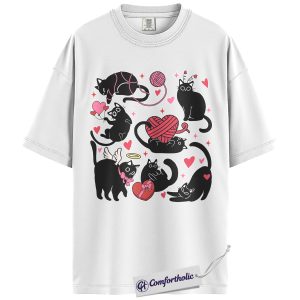 Alternative view of Black Cat Valentine Shirt, Cute Cat Lover Graphic T-Shirt, Kawaii Kitty Heart Design Tee, Valentine Gift for Cat Moms, Comfort Colors Shirt