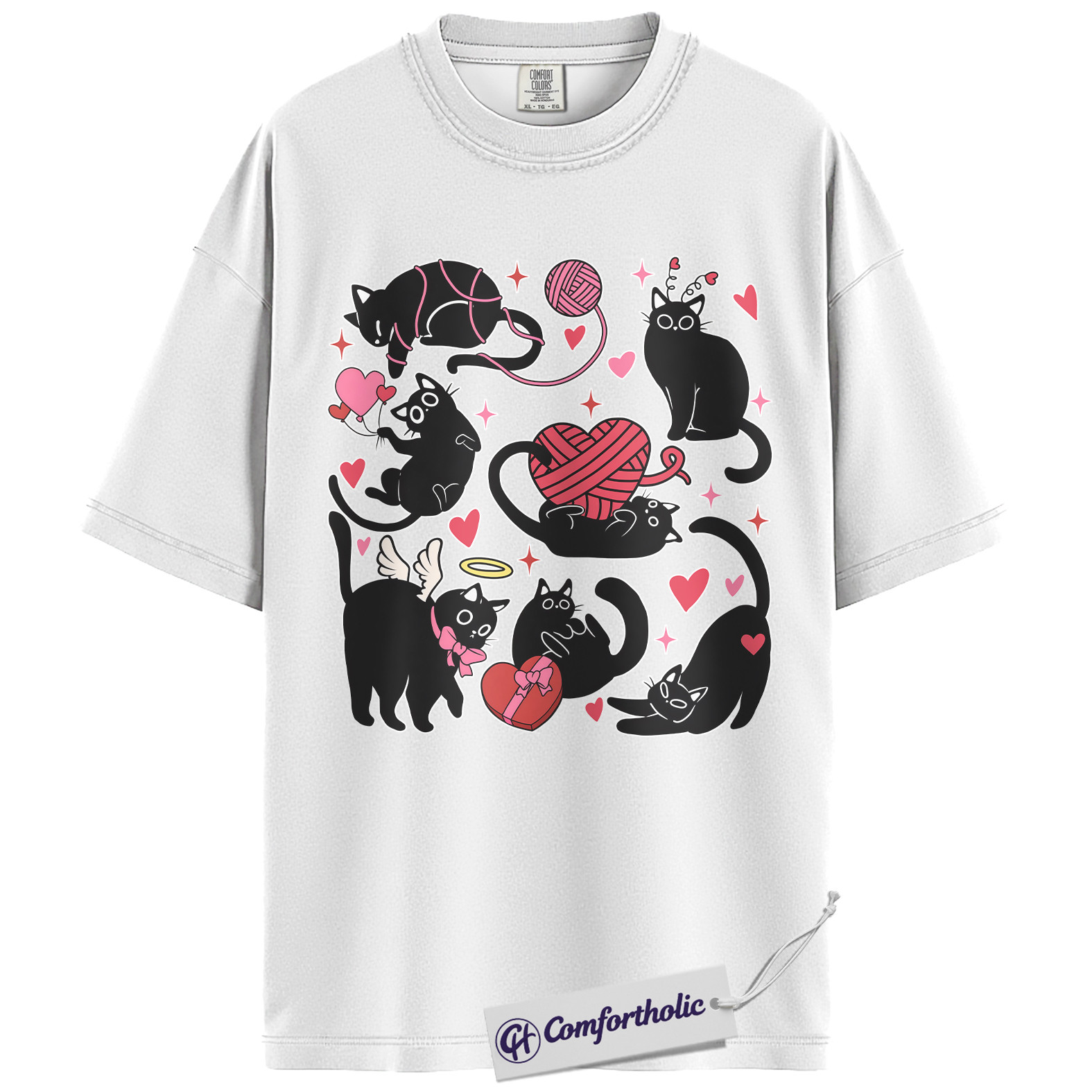 Black Cat Valentine Shirt, Cute Cat Lover Graphic T-Shirt, Kawaii Kitty Heart Design Tee, Valentine Gift for Cat Moms, Comfort Colors Shirt - Image 2