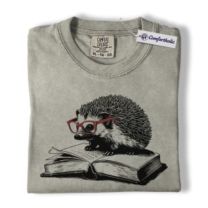 Hedgehog Reading Shirt, Cute Book Lover Graphic Tee, Nerdy Animal Reading T-Shirt, Gift for Readers & Librarians, Comfort Colors Shirt