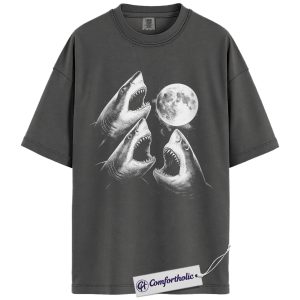 Alternative view of Three Shark Moon Shirt, Funny Sharks Howling at the Moon T-Shirt, Vintage Ocean Wildlife Graphic Tee, Gift for Shark and Marine Animal Lovers, Comfort Colors Shirt