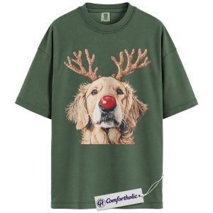 Golden Retriever Christmas Shirt, Cute Holiday Dog Graphic T-Shirt, Festive Rudolph Pet Lover Tee, Christmas Gift for Dog Moms, Christmas Comfort Colors Shirt