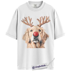 Alternative view of Golden Retriever Christmas Shirt, Cute Holiday Dog Graphic T-Shirt, Festive Rudolph Pet Lover Tee, Christmas Gift for Dog Moms, Christmas Comfort Colors Shirt