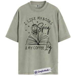 Spicy Books and Iced Coffee Shirt, Funny Book Lover Graphic T-Shirt, Cozy Reader Tee, Gift for Coffee Lovers and Bookworms, Comfort Colors Shirt