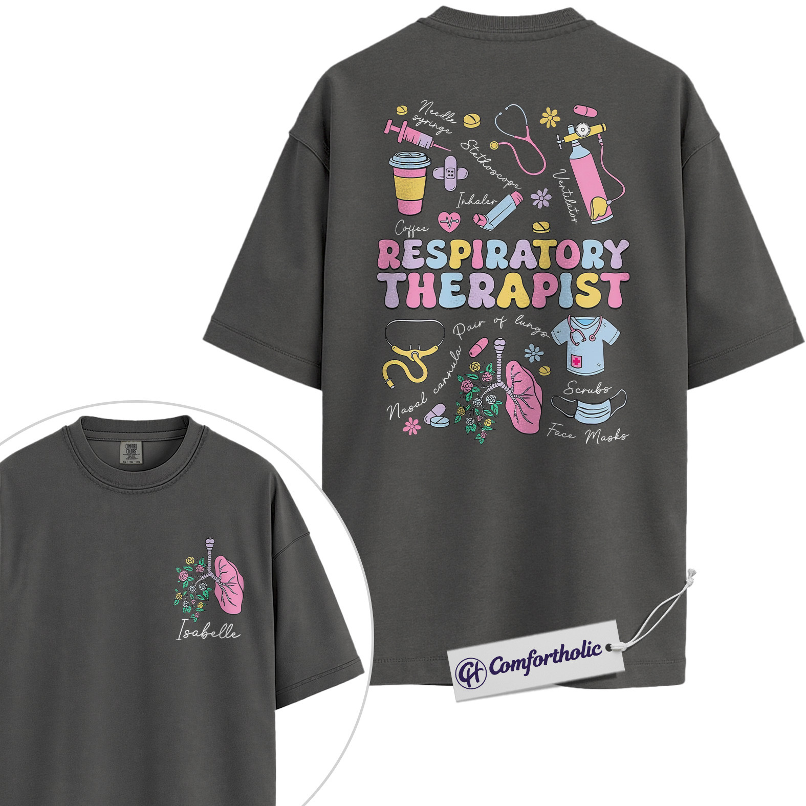 Personalized Respiratory Therapist Shirt, Cute Medical Worker Graphic T-Shirt, Pastel Healthcare Aesthetic Tee, Custom Name Gift for RT Students and Hospital Staff, Comfort Colors Shirt 2-Sided - Image 3