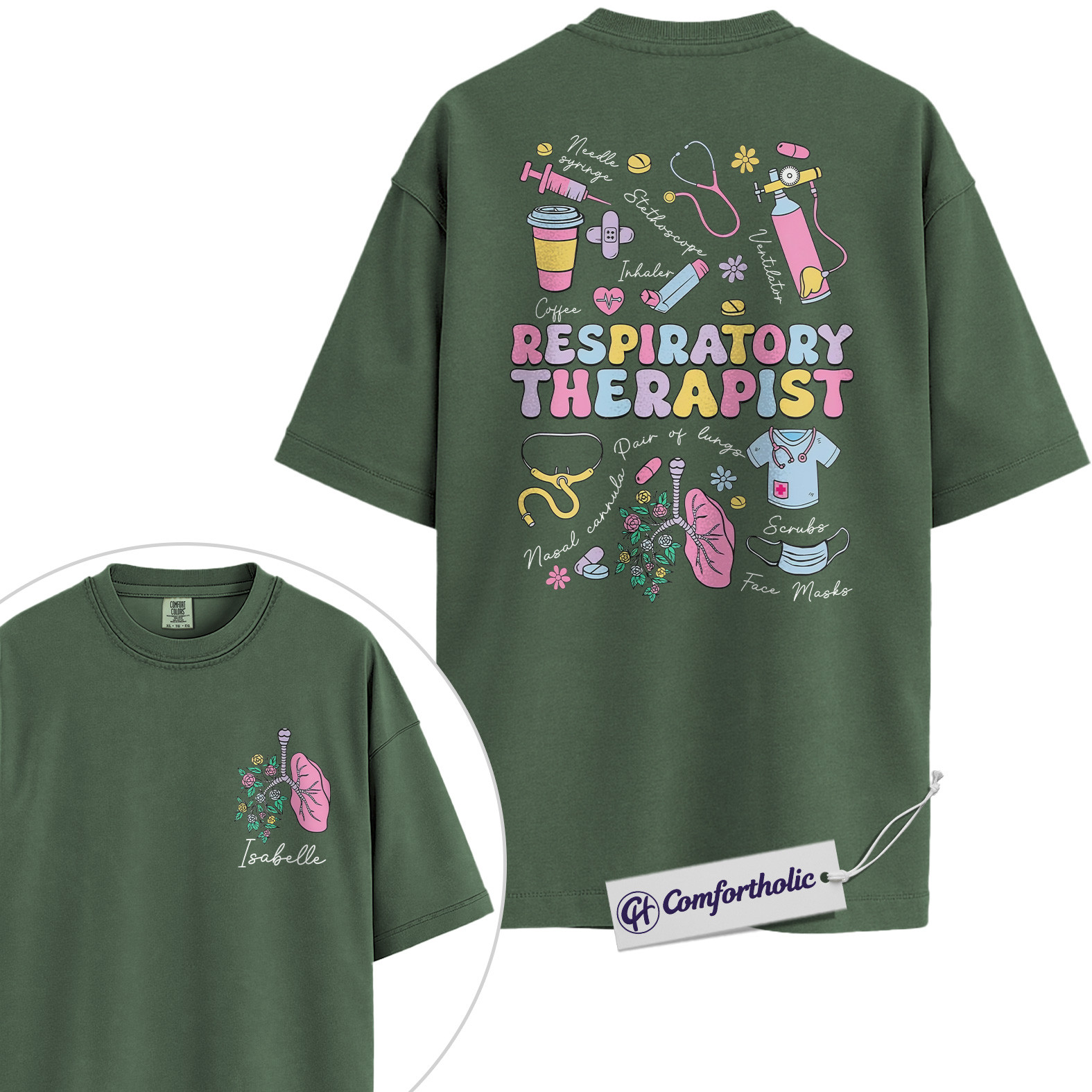 Personalized Respiratory Therapist Shirt, Cute Medical Worker Graphic T-Shirt, Pastel Healthcare Aesthetic Tee, Custom Name Gift for RT Students and Hospital Staff, Comfort Colors Shirt 2-Sided - Image 5