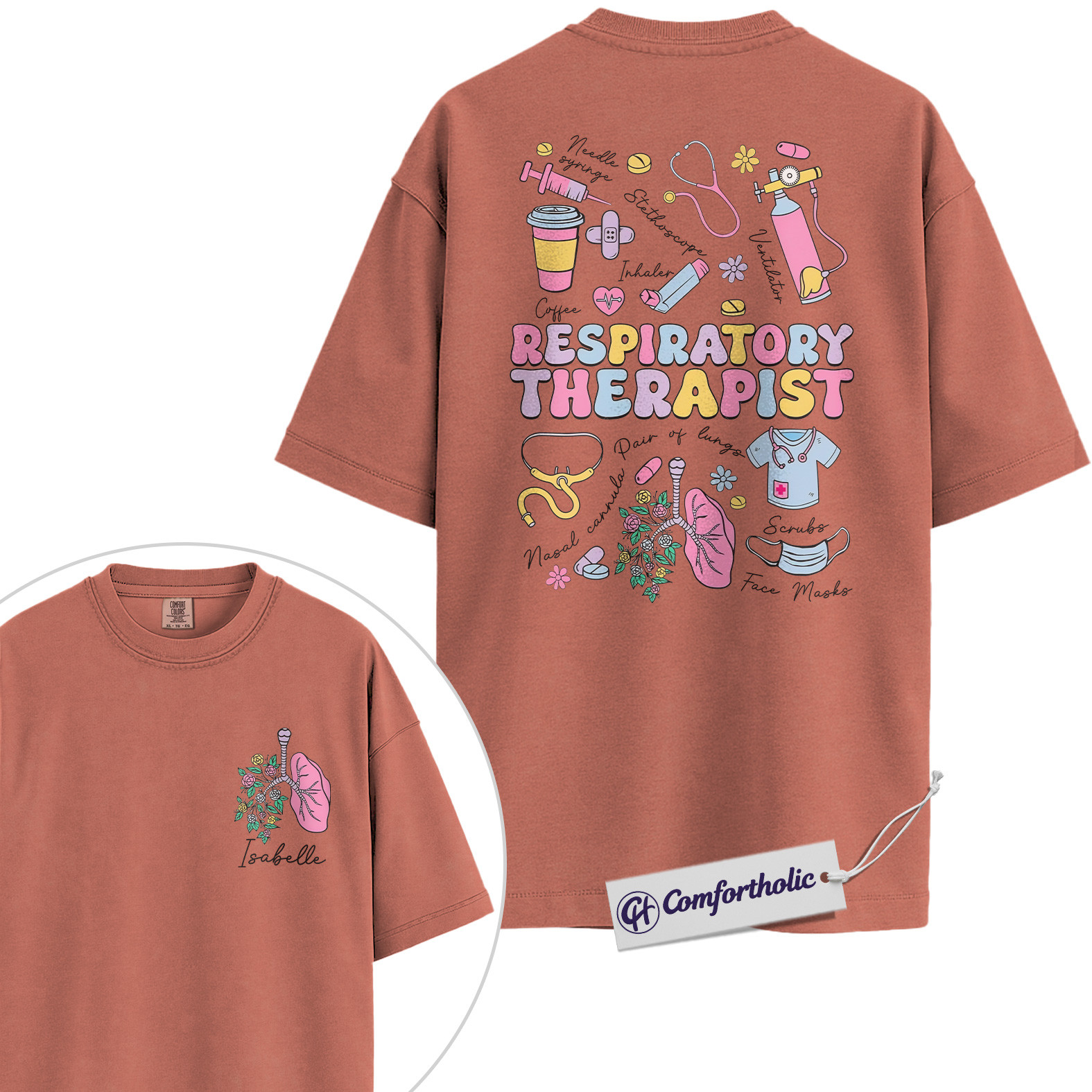 Personalized Respiratory Therapist Shirt, Cute Medical Worker Graphic T-Shirt, Pastel Healthcare Aesthetic Tee, Custom Name Gift for RT Students and Hospital Staff, Comfort Colors Shirt 2-Sided - Image 7