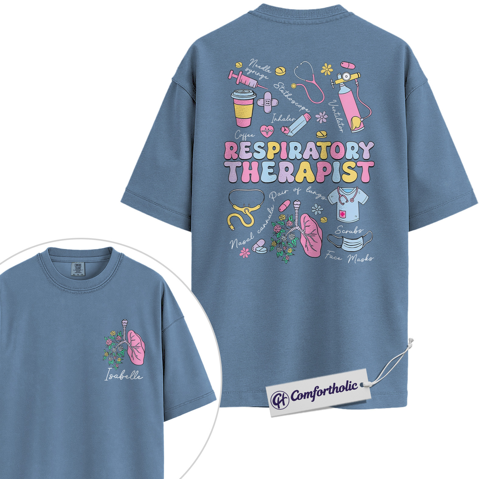 Personalized Respiratory Therapist Shirt, Cute Medical Worker Graphic T-Shirt, Pastel Healthcare Aesthetic Tee, Custom Name Gift for RT Students and Hospital Staff, Comfort Colors Shirt 2-Sided - Image 17