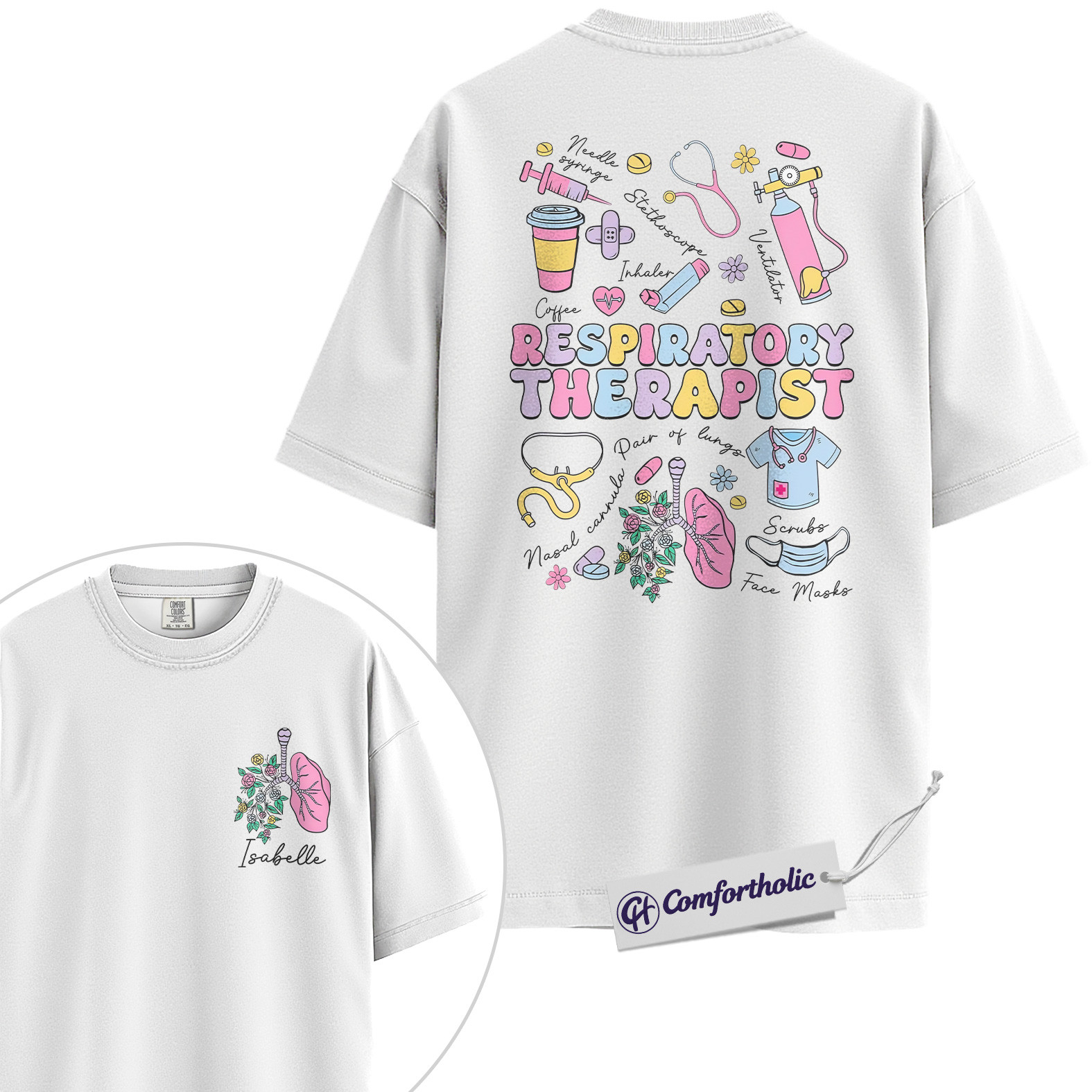 Personalized Respiratory Therapist Shirt, Cute Medical Worker Graphic T-Shirt, Pastel Healthcare Aesthetic Tee, Custom Name Gift for RT Students and Hospital Staff, Comfort Colors Shirt 2-Sided - Image 2