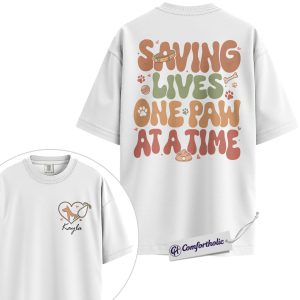 Alternative view of Saving Lives One Paw at a Time Shirt, Personalized Vet Tech Veterinary T-Shirt, Dog Paw Print Animal Rescue Graphic Tee, Custom Name Gift for Veterinarians, Comfort Colors Shirt 2-Sided