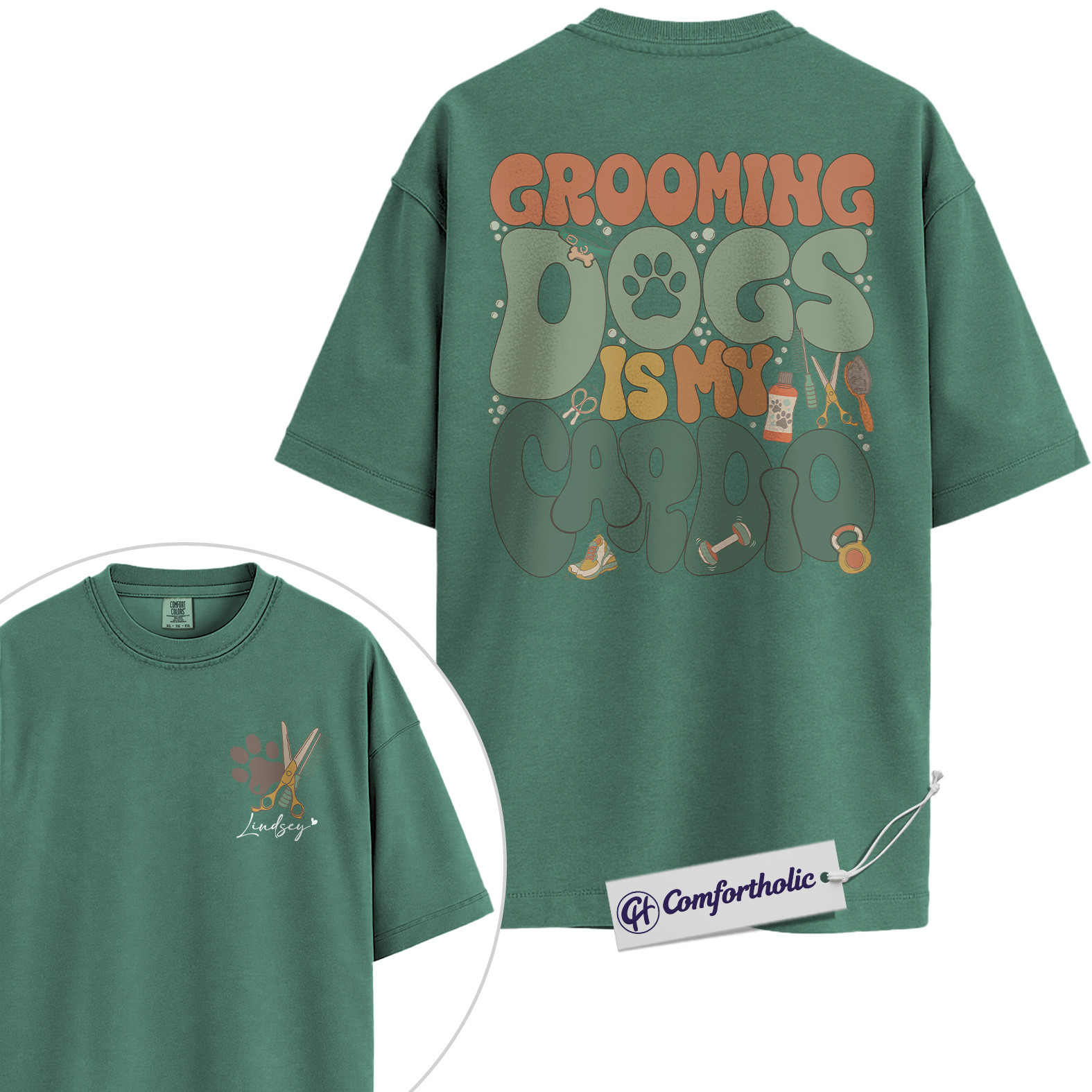 Grooming Dogs Is My Cardio Shirt, Funny Dog Groomer Graphic T-Shirt, Personalized Pet Grooming Tee, Custom Name Gift for Professional Dog Groomers, Comfort Colors Shirt 2-Sided - Image 10