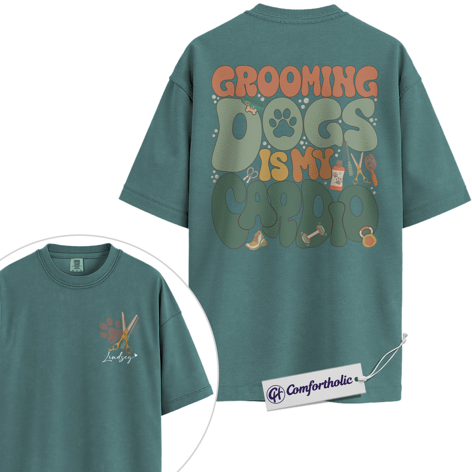 Grooming Dogs Is My Cardio Shirt, Funny Dog Groomer Graphic T-Shirt, Personalized Pet Grooming Tee, Custom Name Gift for Professional Dog Groomers, Comfort Colors Shirt 2-Sided - Image 11