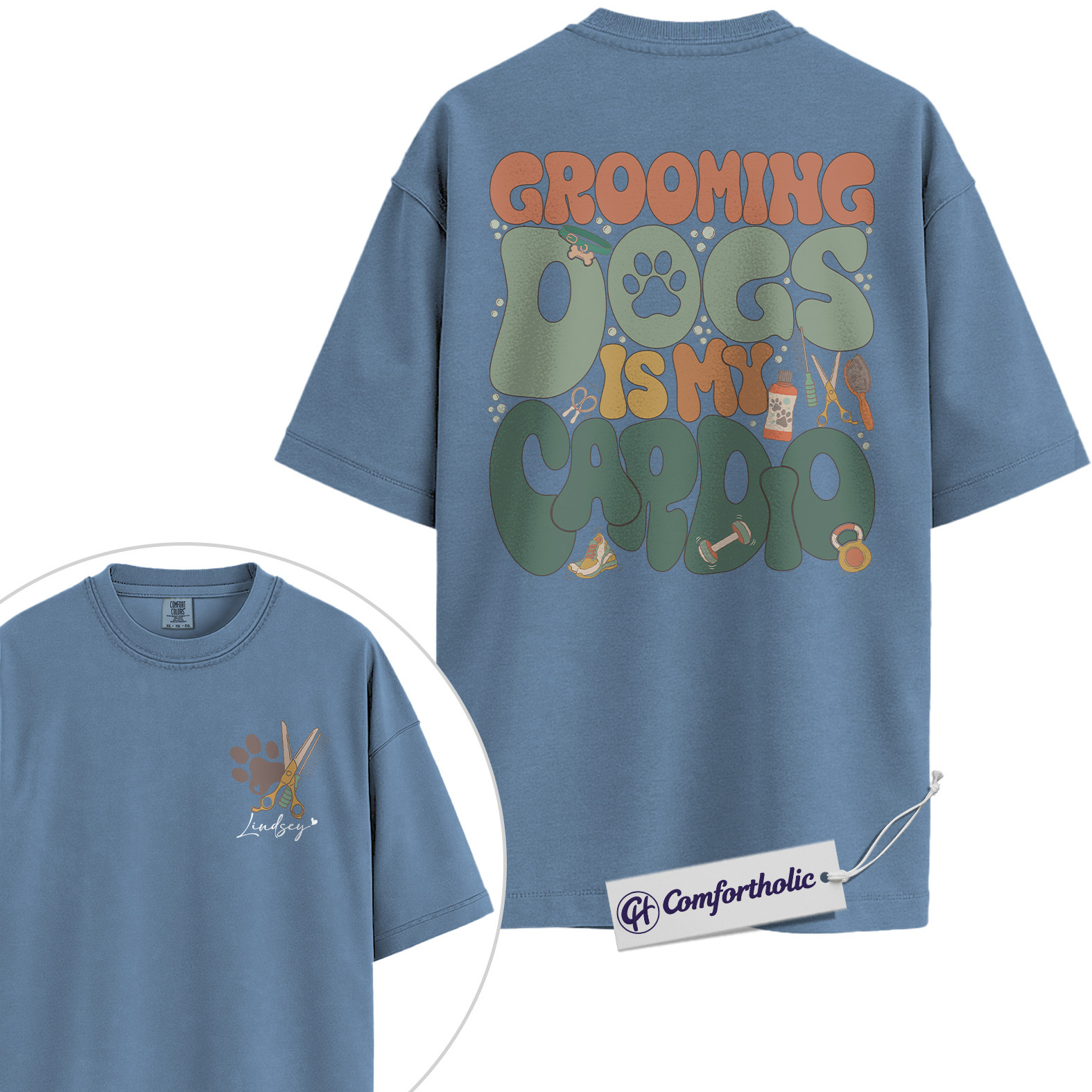 Grooming Dogs Is My Cardio Shirt, Funny Dog Groomer Graphic T-Shirt, Personalized Pet Grooming Tee, Custom Name Gift for Professional Dog Groomers, Comfort Colors Shirt 2-Sided - Image 17