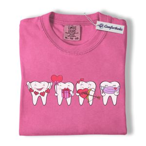 Dental Valentine Shirt, Cute Tooth Love T-Shirt, Pink Cartoon Dental Hygienist Graphic Tee, Funny Dentist & Ortho Assistant Valentine Gift, Comfort Colors Shirt
