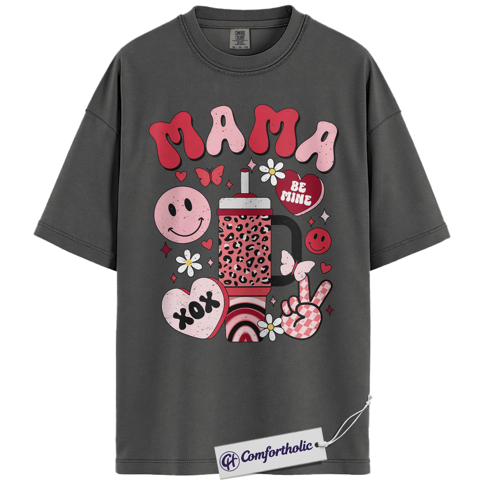 Retro Mama Shirt, Cute Valentine Pink Aesthetic T-Shirt, Heart Smiley Graphic Tee, Sweet Be Mine Gift for Moms, Comfort Colors Shirt - Image 4