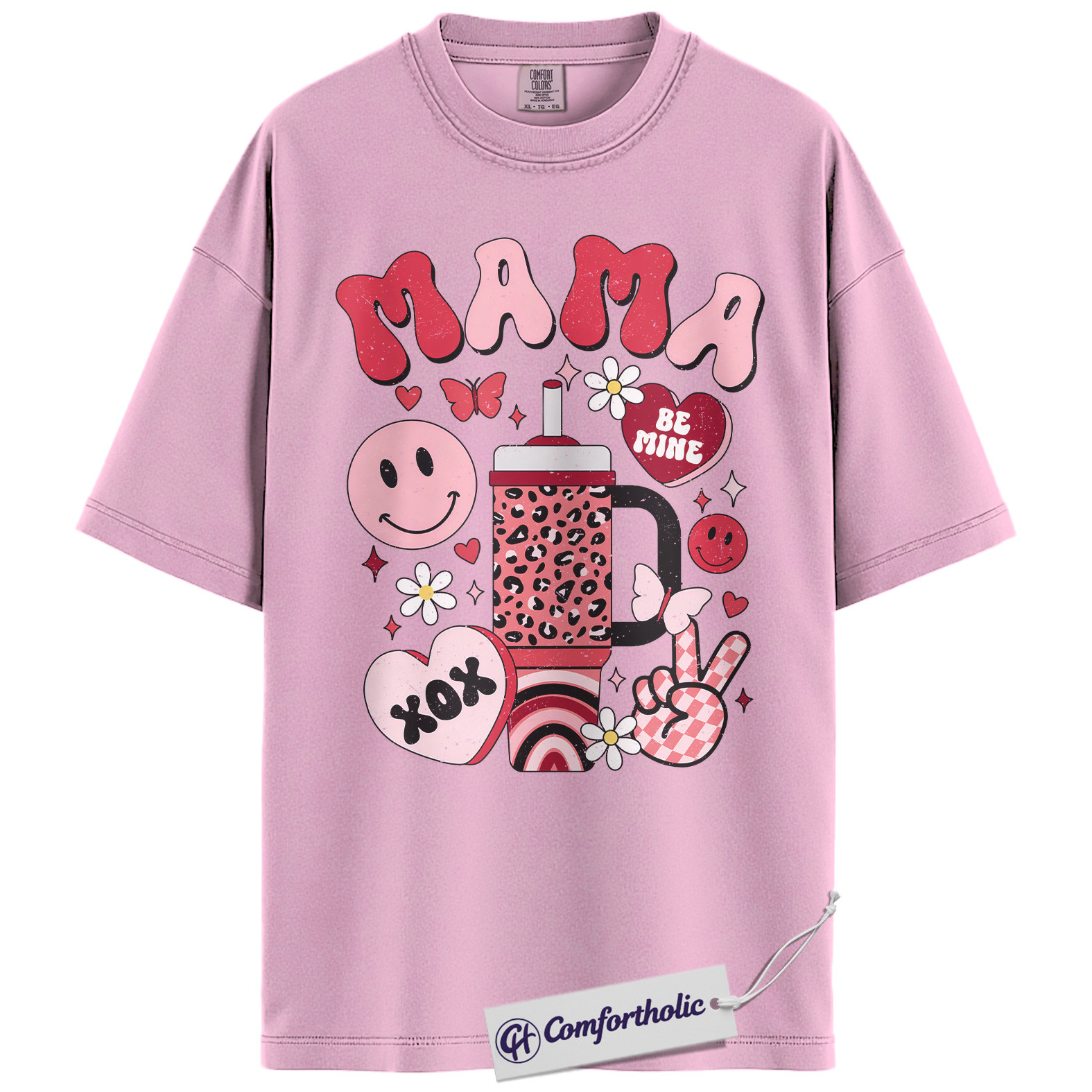 Retro Mama Shirt, Cute Valentine Pink Aesthetic T-Shirt, Heart Smiley Graphic Tee, Sweet Be Mine Gift for Moms, Comfort Colors Shirt - Image 9