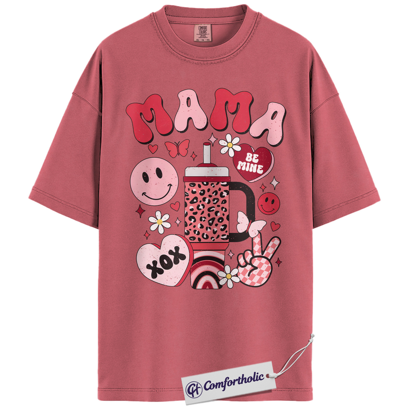 Retro Mama Shirt, Cute Valentine Pink Aesthetic T-Shirt, Heart Smiley Graphic Tee, Sweet Be Mine Gift for Moms, Comfort Colors Shirt - Image 10