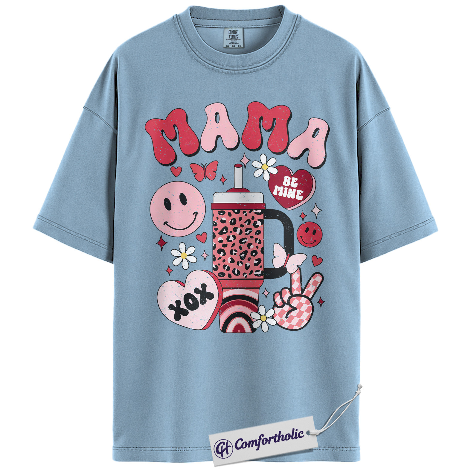 Retro Mama Shirt, Cute Valentine Pink Aesthetic T-Shirt, Heart Smiley Graphic Tee, Sweet Be Mine Gift for Moms, Comfort Colors Shirt - Image 15