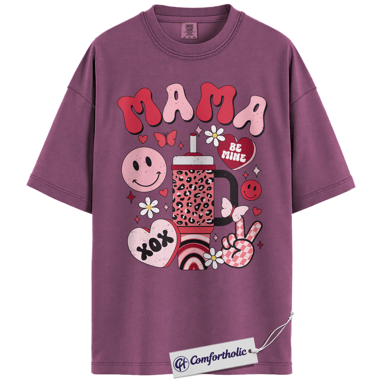 Retro Mama Shirt, Cute Valentine Pink Aesthetic T-Shirt, Heart Smiley Graphic Tee, Sweet Be Mine Gift for Moms, Comfort Colors Shirt - Image 16