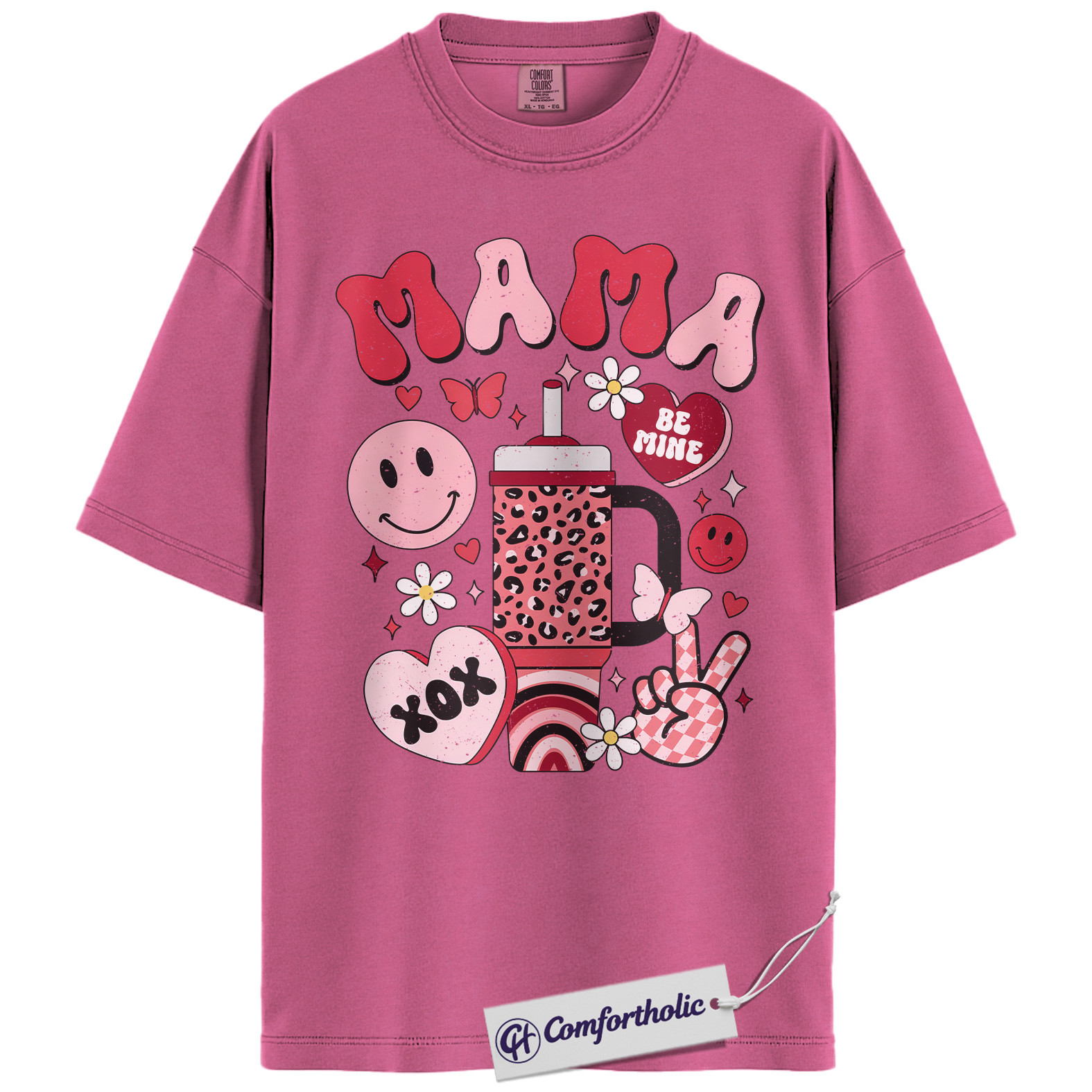 Retro Mama Shirt, Cute Valentine Pink Aesthetic T-Shirt, Heart Smiley Graphic Tee, Sweet Be Mine Gift for Moms, Comfort Colors Shirt