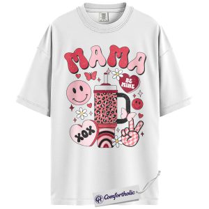 Alternative view of Retro Mama Shirt, Cute Valentine Pink Aesthetic T-Shirt, Heart Smiley Graphic Tee, Sweet Be Mine Gift for Moms, Comfort Colors Shirt
