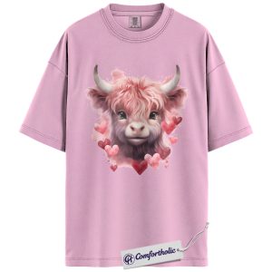 Highland Cow Valentine Shirt, Cute Pink Cow Graphic Tee, Farm Animal T-Shirt, Sweet Valentine Gift for Cow Lovers, Comfort Colors Shirt