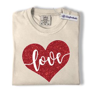 Love Shirt, Glitter Heart Valentine Graphic Tee, Cute Romantic T-Shirt, Valentine Gift for Her, Comfort Colors Shirt