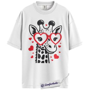 Alternative view of Valentine Giraffe Shirt, Cute Heart Glasses Graphic Tee, Giraffe Lover T-Shirt, Valentine’s Day Gift for Girls & Animal Lovers, Comfort Colors Shirt
