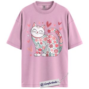 Floral Cat Valentine Shirt, Cute Pink Heart Cat Graphic Tee, Pet Lover Valentine’s Day T-Shirt, Gift for Girlfriend & Cat Mom, Comfort Colors Shirt