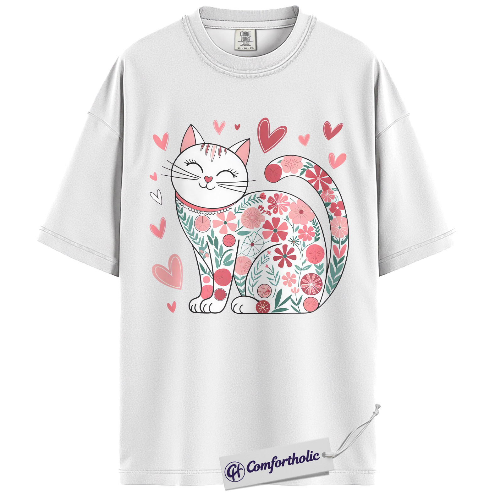 Floral Cat Valentine Shirt, Cute Pink Heart Cat Graphic Tee, Pet Lover Valentine’s Day T-Shirt, Gift for Girlfriend & Cat Mom, Comfort Colors Shirt - Image 2