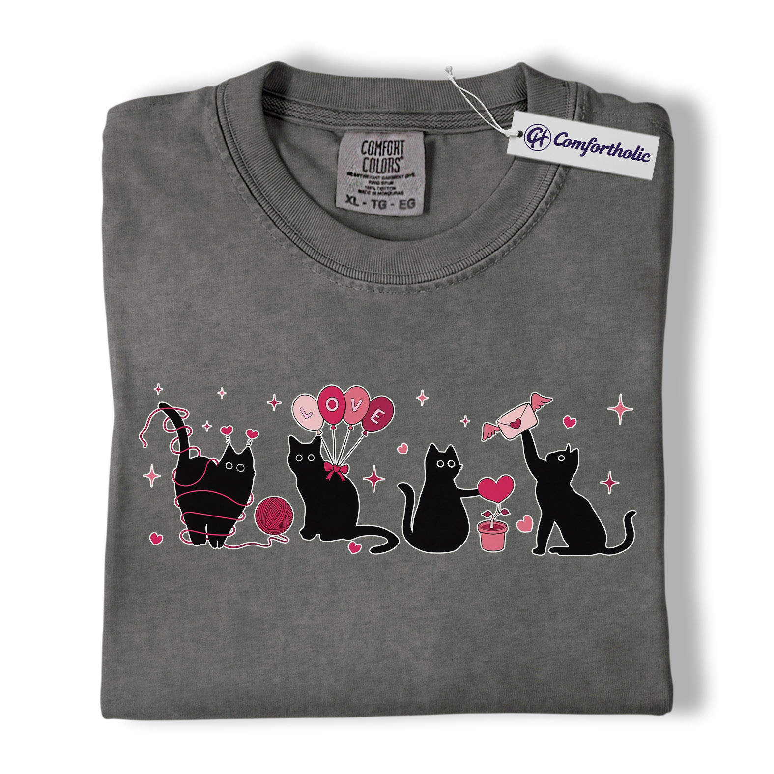 Valentine Black Cat Shirt, Cute Cat Mom Graphic Tee, Pet Lover T-Shirt, Valentine’s Day Gift for Cat Lovers, Comfort Colors Shirt - Image 4