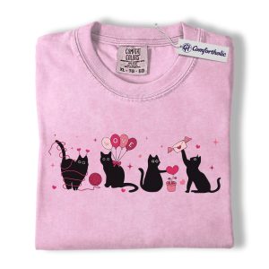 Valentine Black Cat Shirt, Cute Cat Mom Graphic Tee, Pet Lover T-Shirt, Valentine’s Day Gift for Cat Lovers, Comfort Colors Shirt