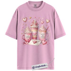 Valentine Coffee Shirt, Cute Pink Cocoa Graphic Tee, Hearts & Kisses Hot Chocolate T-Shirt, Valentine’s Day Gift for Women, Comfort Colors Shirt