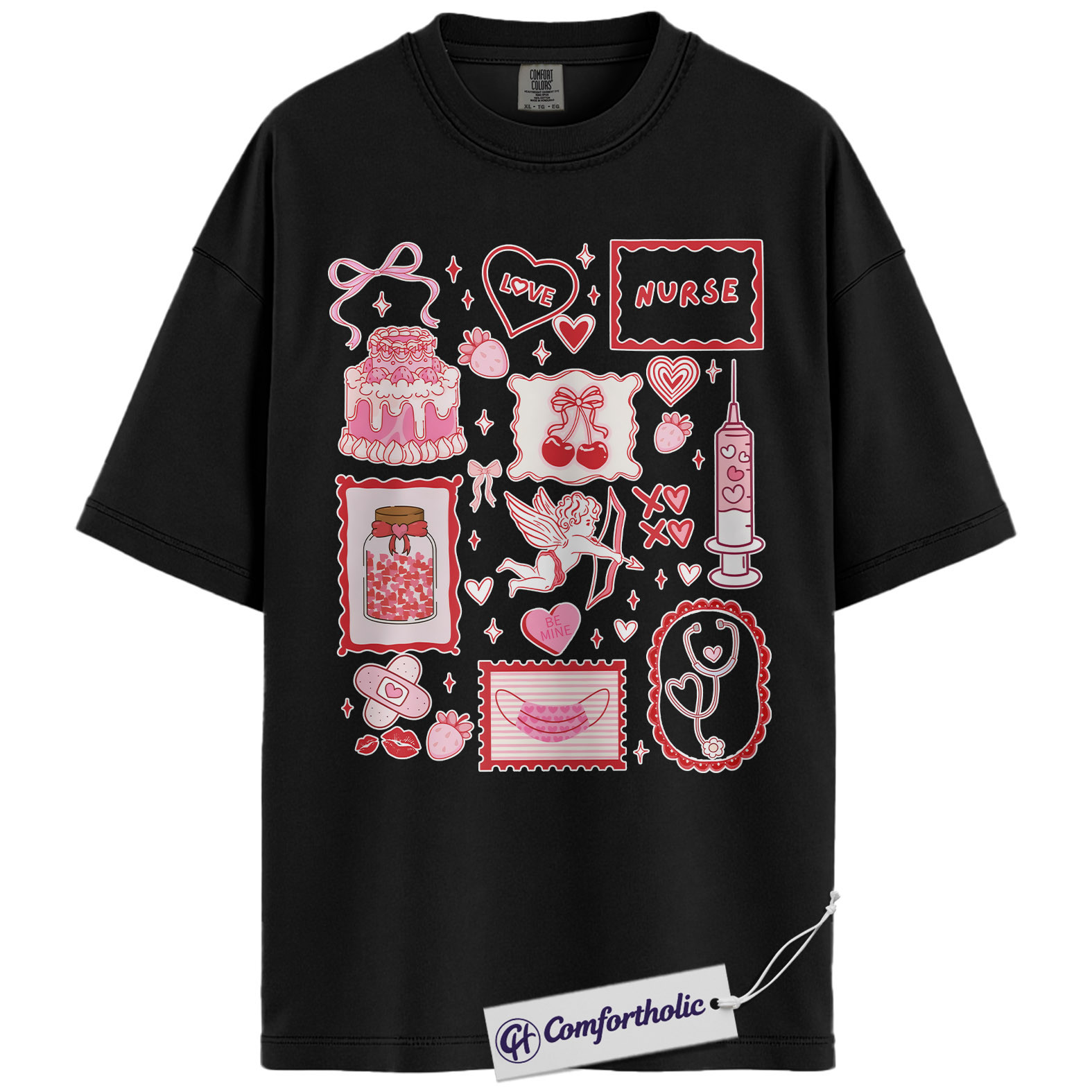 Nurse Valentine Shirt, Pink Coquette Doodle Graphic Tee, Cute Nurse Love Hearts T-Shirt, Valentine’s Day Gift for Nurses & Nursing Students, Comfort Colors Shirt - Image 3