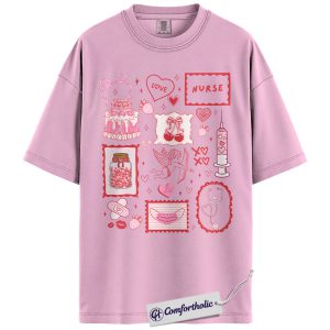 Nurse Valentine Shirt, Pink Coquette Doodle Graphic Tee, Cute Nurse Love Hearts T-Shirt, Valentine’s Day Gift for Nurses & Nursing Students, Comfort Colors Shirt