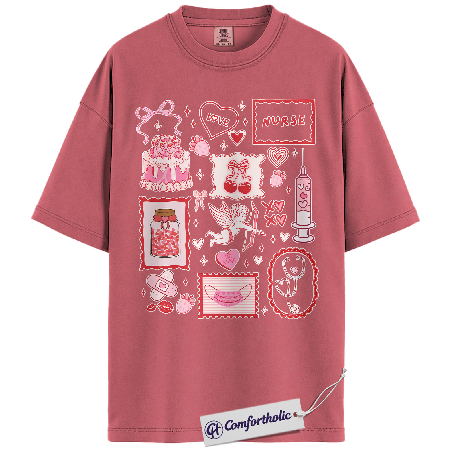 Nurse Valentine Shirt, Pink Coquette Doodle Graphic Tee, Cute Nurse Love Hearts T-Shirt, Valentine’s Day Gift for Nurses & Nursing Students, Comfort Colors Shirt - Image 9