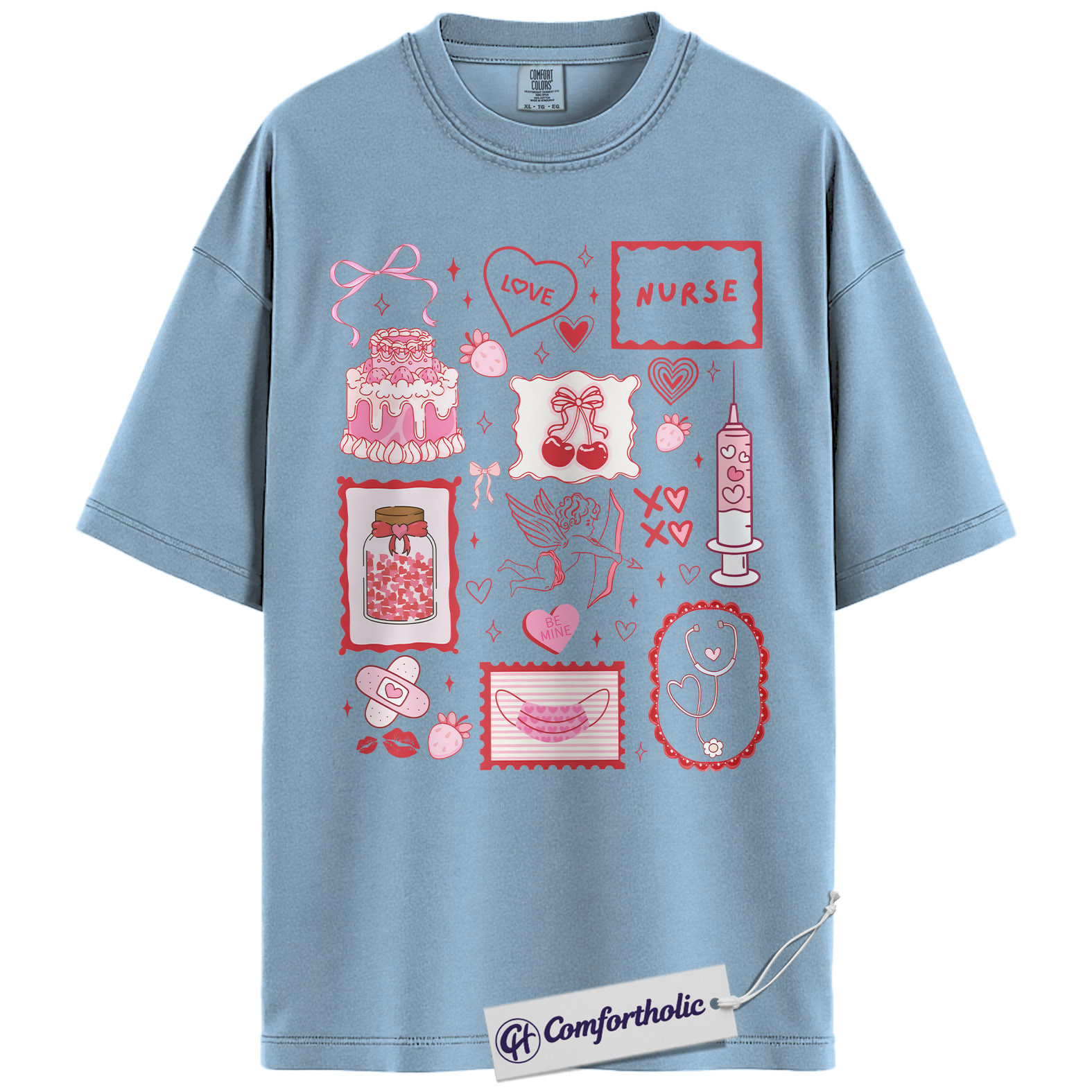 Nurse Valentine Shirt, Pink Coquette Doodle Graphic Tee, Cute Nurse Love Hearts T-Shirt, Valentine’s Day Gift for Nurses & Nursing Students, Comfort Colors Shirt - Image 14